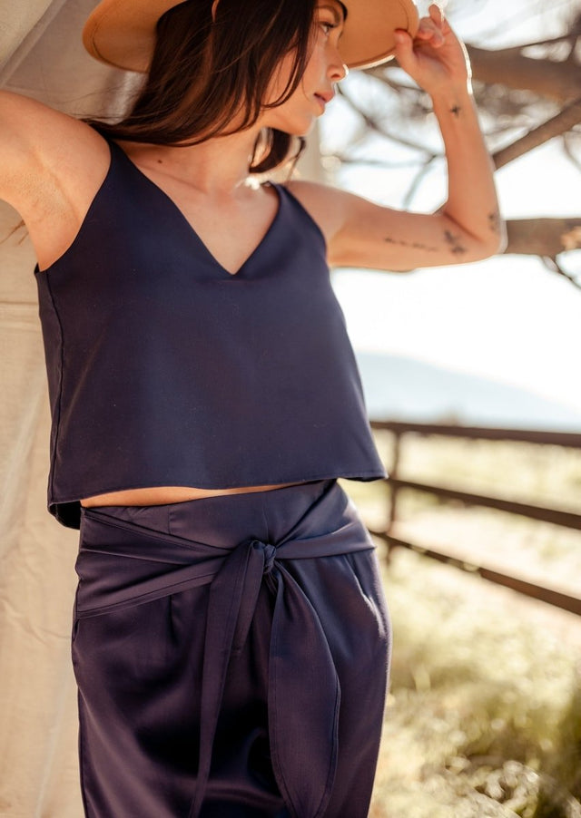 Phalla Wide Leg Cropped Tencel Pants in Navy - Veneka-Sustainable-Ethical-Bottoms-Valani Drop Ship