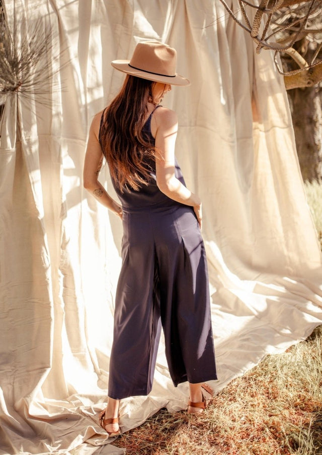 Phalla Wide Leg Cropped Tencel Pants in Navy - Veneka-Sustainable-Ethical-Bottoms-Valani Drop Ship