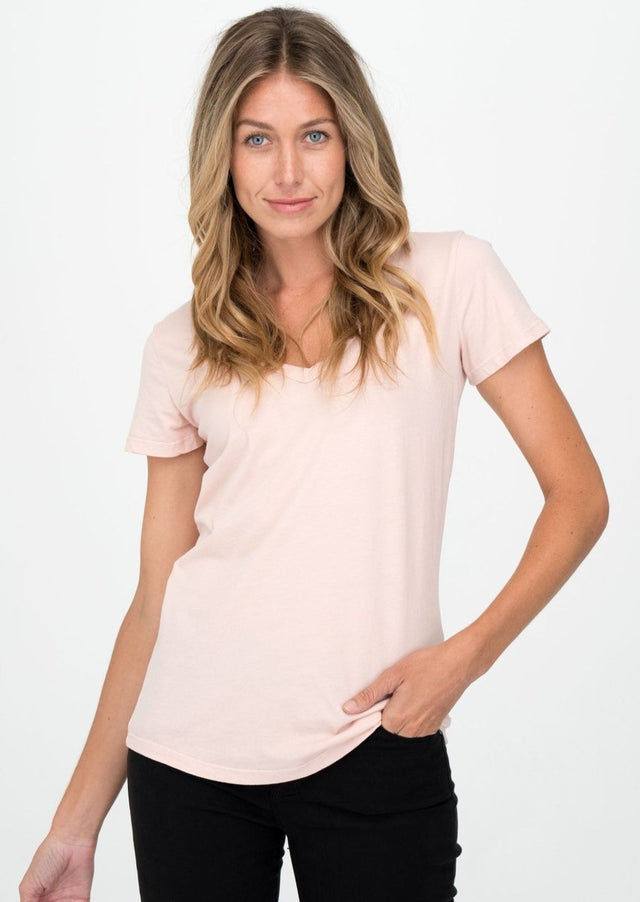 Robin V-Neck Tee in Rose Quartz - Veneka-Sustainable-Ethical-Tops-Graceful District Drop Ship