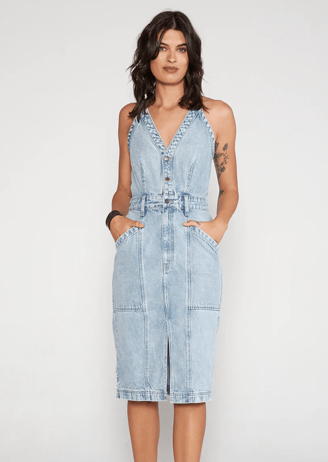 Rue Utility Dress in Pebble Beach - Veneka-Sustainable-Ethical-Dresses-Etica Denim Drop Ship