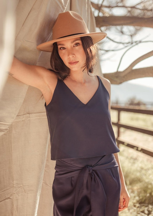 Sarita V-Neck Tencel Cami Eclipse w/ Adjustable Back Ties in Navy - Veneka-Sustainable-Ethical-Tops-Valani Drop Ship