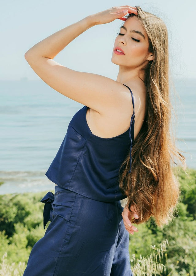 Sarita V-Neck Tencel Cami Eclipse w/ Adjustable Back Ties in Navy - Veneka-Sustainable-Ethical-Tops-Valani Drop Ship