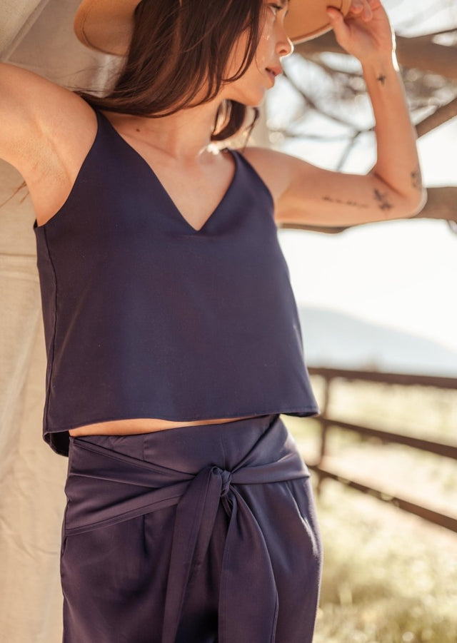 Sarita V-Neck Tencel Cami Eclipse w/ Adjustable Back Ties in Navy - Veneka-Sustainable-Ethical-Tops-Valani Drop Ship