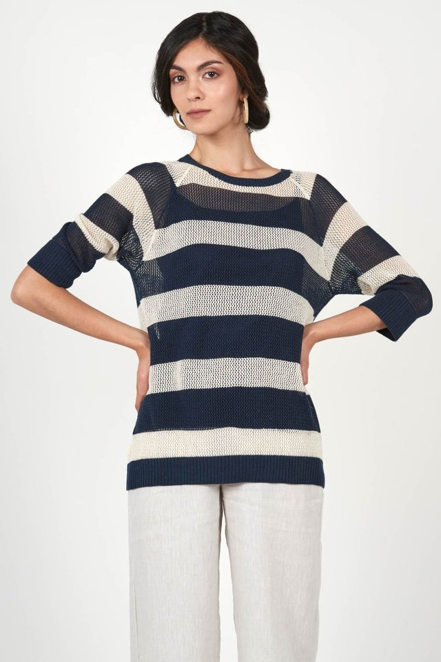 Seaside Stripe Pullover Top in Oatmeal & Summer Navy - Veneka-Sustainable-Ethical-Tops-Indigenous Drop Ship