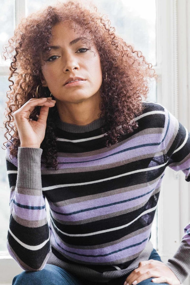 Silk Alpaca Stripe Crew in Black Mix - Veneka-Sustainable-Ethical-Tops-Indigenous Drop Ship