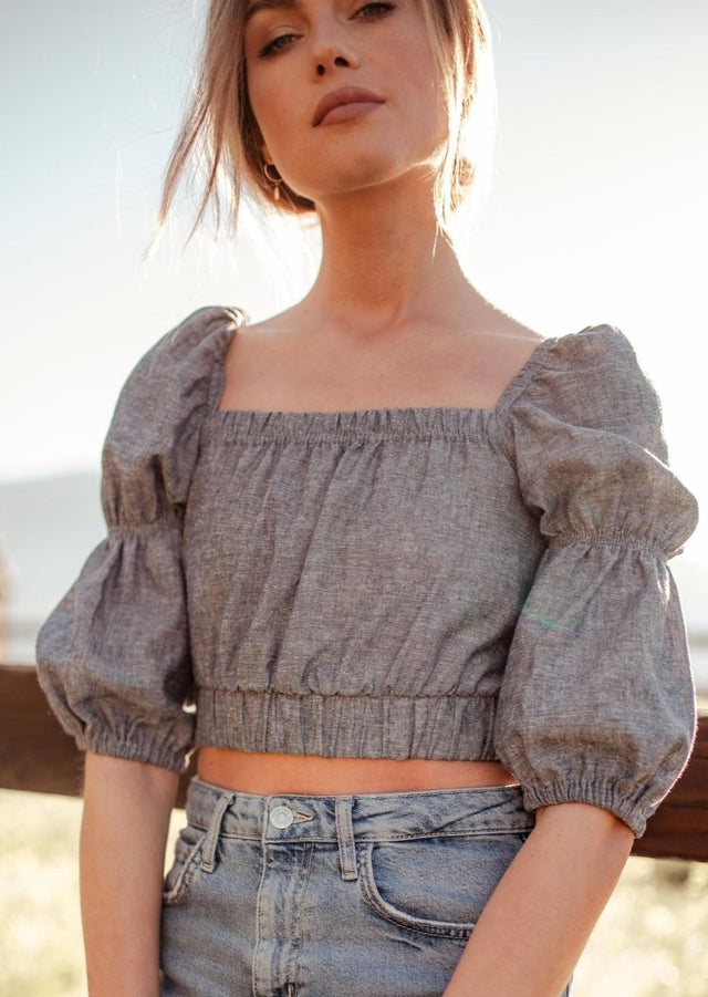 Sineth Double Puff Sleeve Hemp Crop Top in Grey - Veneka-Sustainable-Ethical-Tops-Valani Drop Ship