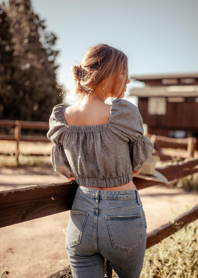 Sineth Double Puff Sleeve Hemp Crop Top in Grey - Veneka-Sustainable-Ethical-Tops-Valani Drop Ship