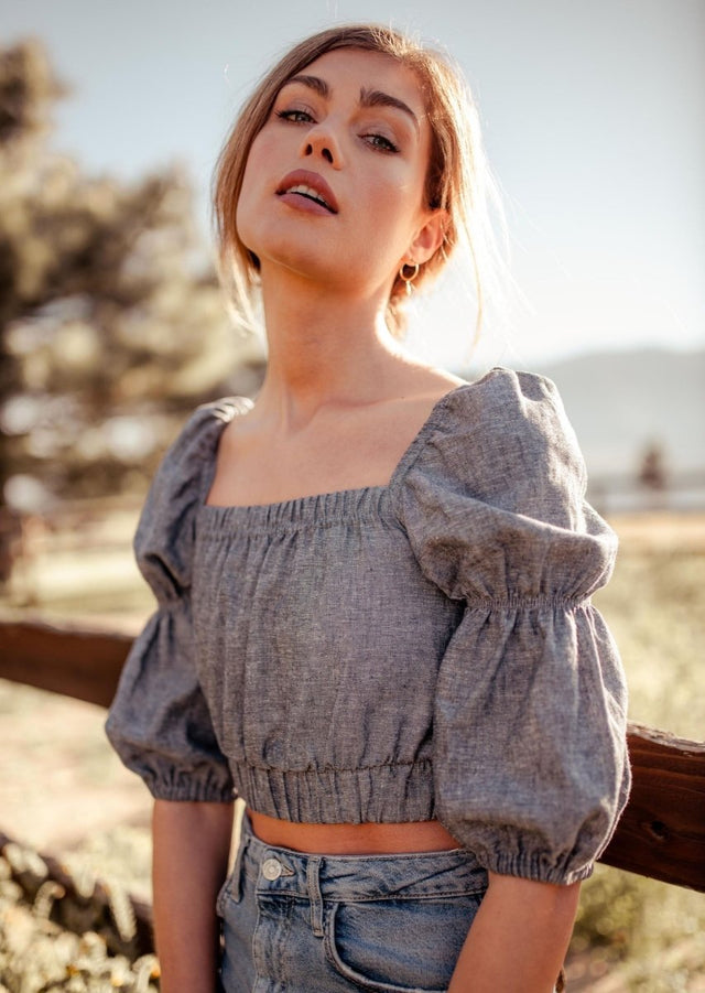 Sineth Double Puff Sleeve Hemp Crop Top in Grey - Veneka-Sustainable-Ethical-Tops-Valani Drop Ship