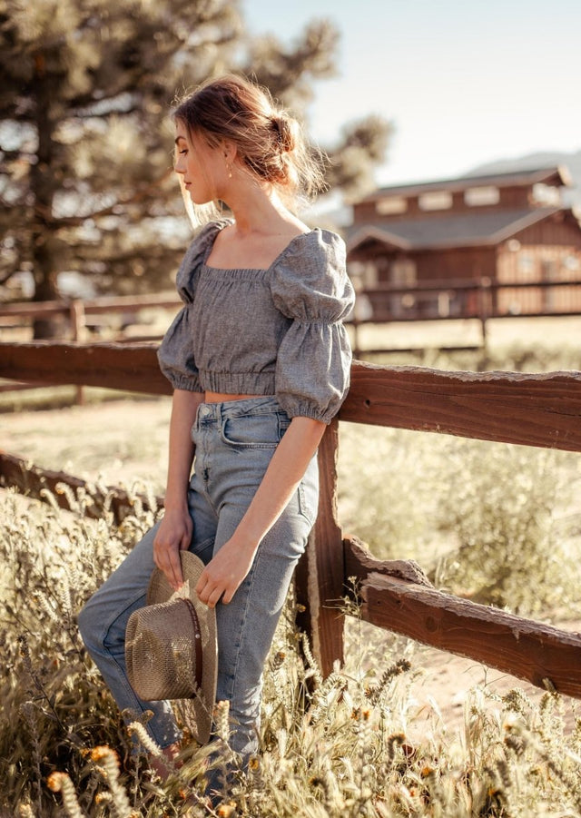 Sineth Double Puff Sleeve Hemp Crop Top in Grey - Veneka-Sustainable-Ethical-Tops-Valani Drop Ship