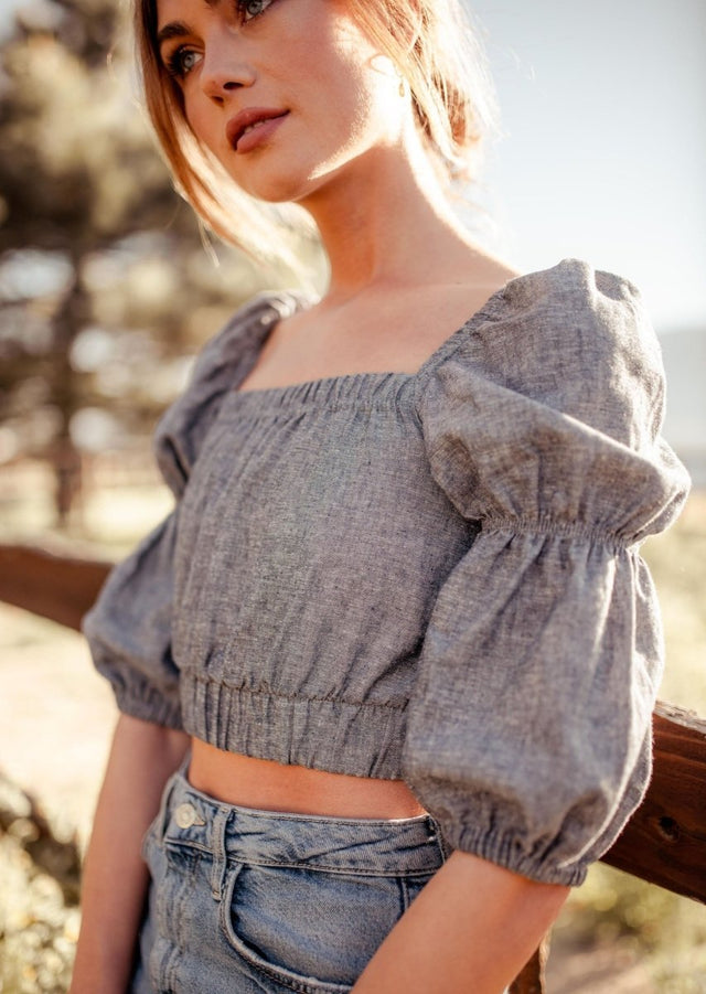 Sineth Double Puff Sleeve Hemp Crop Top in Grey - Veneka-Sustainable-Ethical-Tops-Valani Drop Ship