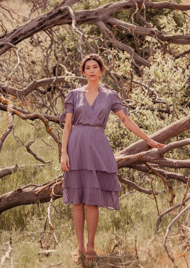 Sitha Faux Wrap Tencel Top with Puff Sleeves in Purple - Veneka-Sustainable-Ethical-Tops-Valani Drop Ship