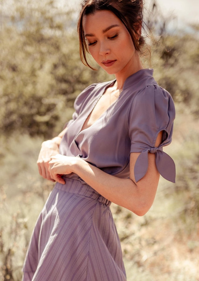 Sitha Faux Wrap Tencel Top with Puff Sleeves in Purple - Veneka-Sustainable-Ethical-Tops-Valani Drop Ship