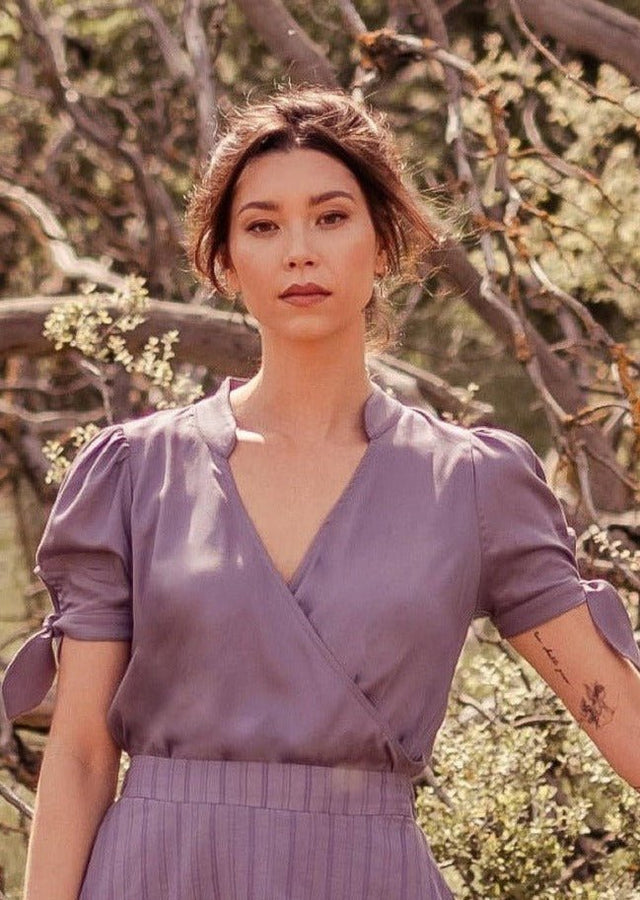 Sitha Faux Wrap Tencel Top with Puff Sleeves in Purple - Veneka-Sustainable-Ethical-Tops-Valani Drop Ship