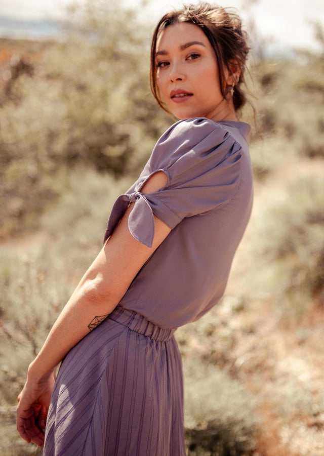 Sitha Faux Wrap Tencel Top with Puff Sleeves in Purple - Veneka-Sustainable-Ethical-Tops-Valani Drop Ship