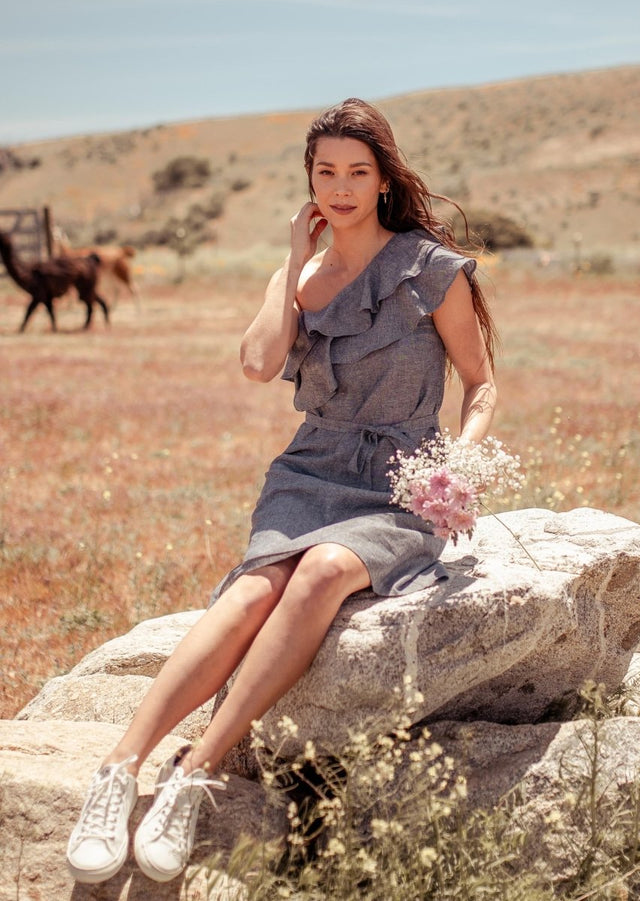 Sokha Asymmetrical One Shoulder Midi Hemp Dress in Grey - Veneka-Sustainable-Ethical-Dresses-Valani Drop Ship