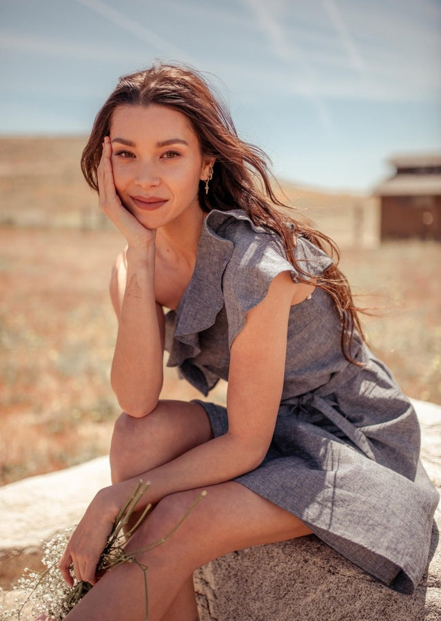 Sokha Asymmetrical One Shoulder Midi Hemp Dress in Grey - Veneka-Sustainable-Ethical-Dresses-Valani Drop Ship