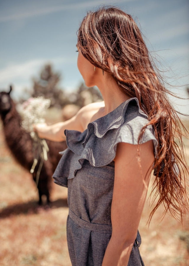Sokha Asymmetrical One Shoulder Midi Hemp Dress in Grey - Veneka-Sustainable-Ethical-Dresses-Valani Drop Ship