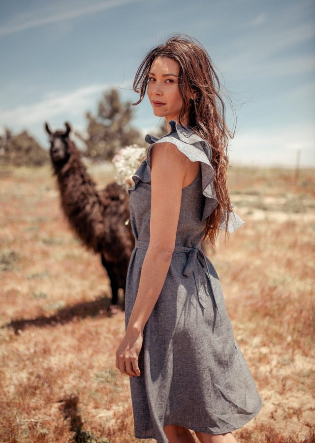 Sokha Asymmetrical One Shoulder Midi Hemp Dress in Grey - Veneka-Sustainable-Ethical-Dresses-Valani Drop Ship