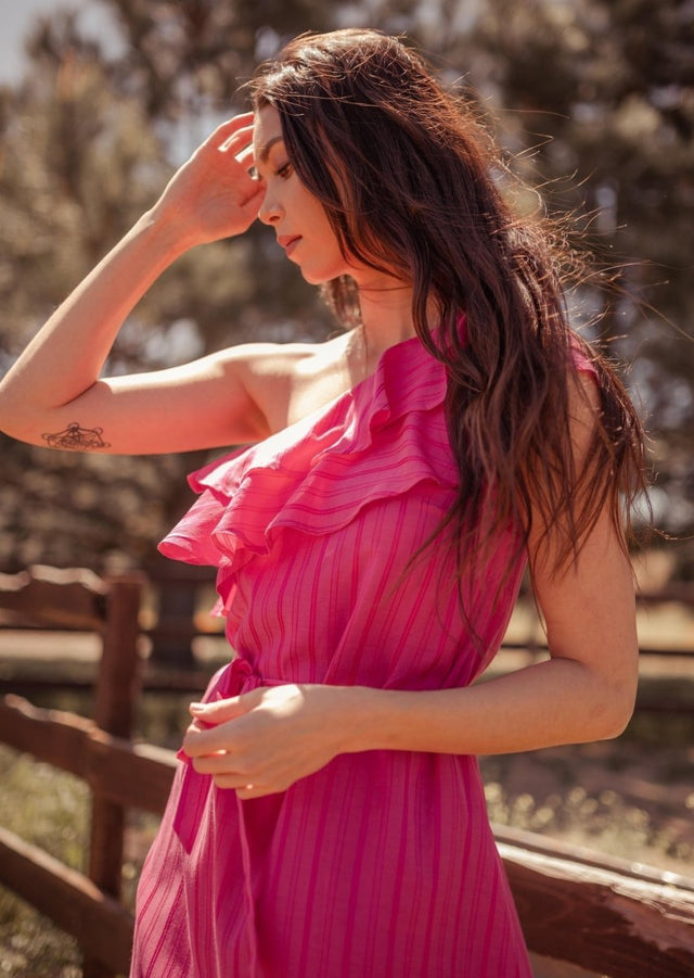 Sokha Banana Asymmetrical One Shoulder Midi Dress in Pink - Veneka-Sustainable-Ethical-Dresses-Valani Drop Ship