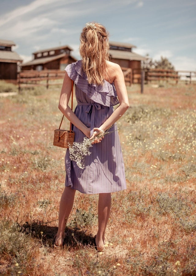 Sokha Banana Asymmetrical One Shoulder Midi Dress in Purple - Veneka-Sustainable-Ethical-Dresses-Valani Drop Ship