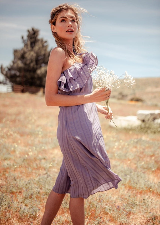 Sokha Banana Asymmetrical One Shoulder Midi Dress in Purple - Veneka-Sustainable-Ethical-Dresses-Valani Drop Ship