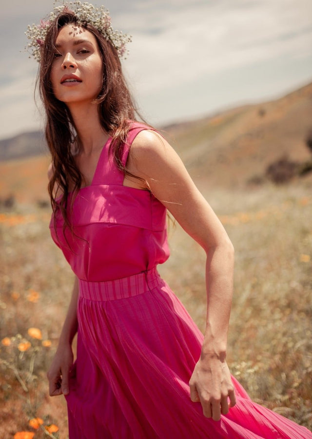 Srey Banana A-line Midi Skirt in Pink - Veneka-Sustainable-Ethical-Bottoms-Valani Drop Ship