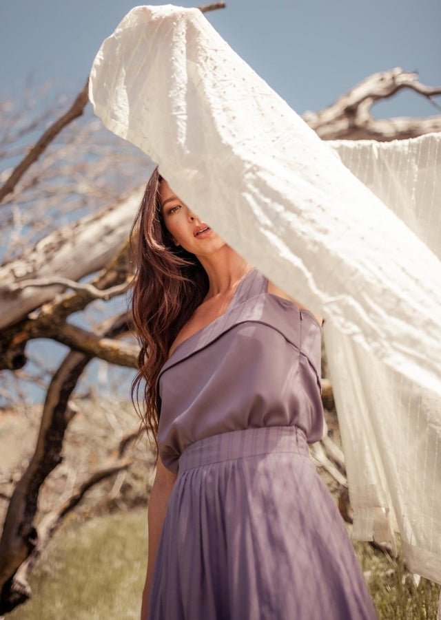 Srey Banana A-line Midi Skirt in Purple - Veneka-Sustainable-Ethical-Bottoms-Valani Drop Ship
