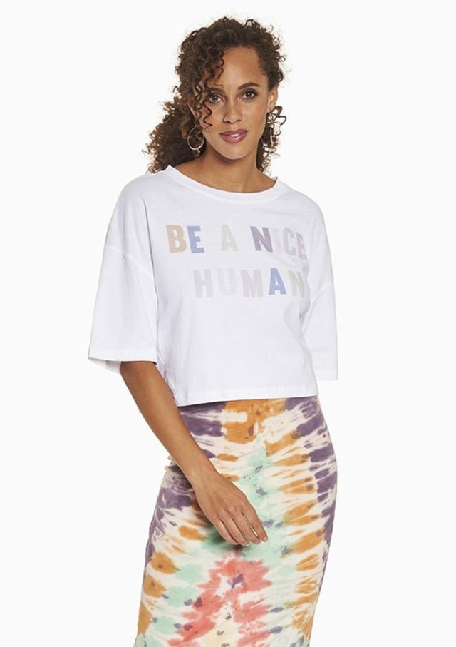 Tara Be A Nice Human Cropped Tee in White - Veneka-Sustainable-Ethical-Tops-YesAnd Drop Ship