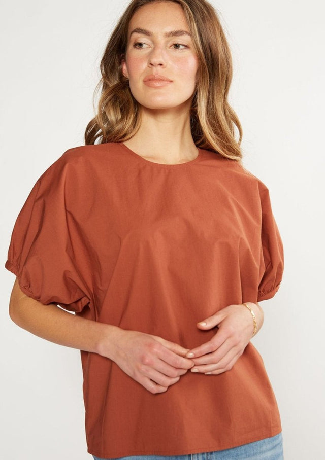 Tempeste Puff Sleeve Top in Redwood - Veneka-Sustainable-Ethical-Tops-Etica Denim Drop Ship