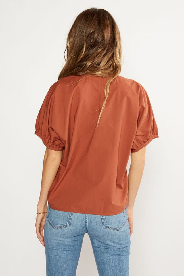 Tempeste Puff Sleeve Top in Redwood - Veneka-Sustainable-Ethical-Tops-Etica Denim Drop Ship