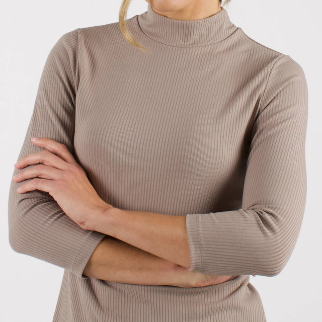 The Dressy Mock Neck Top in Taupe - Veneka-Sustainable-Ethical-Tops-Encircled Drop Ship Correct