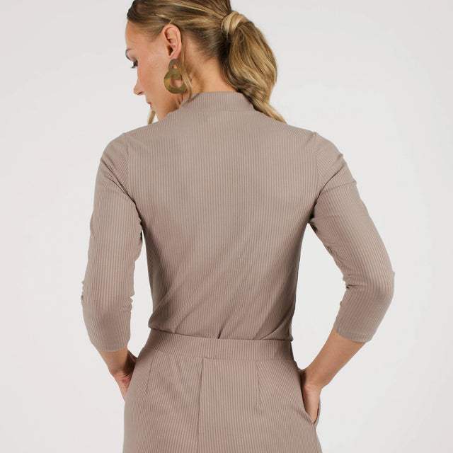 The Dressy Mock Neck Top in Taupe - Veneka-Sustainable-Ethical-Tops-Encircled Drop Ship Correct