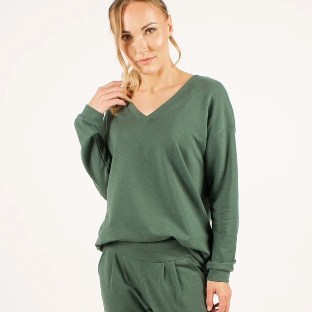 The Dressy V-Neck Sweatshirt in Forest Green - Veneka-Sustainable-Ethical-Tops-Encircled Drop Ship Correct