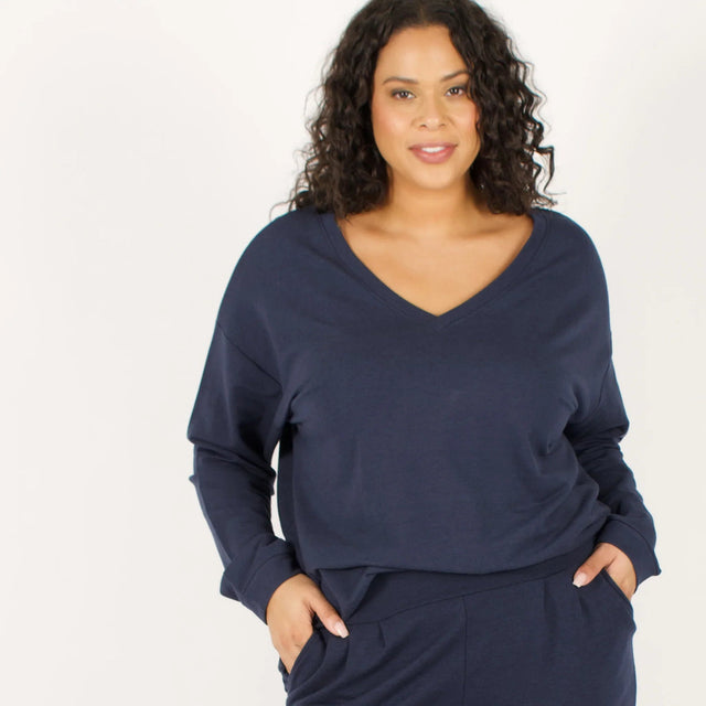 The Dressy V-Neck Sweatshirt in Navy - Veneka-Sustainable-Ethical-Tops-Encircled Drop Ship Correct