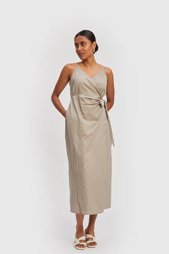 The Strappy Wrap Dress in Poplin Ecru - Veneka-Sustainable-Ethical-Dresses-Reistor Drop Ship