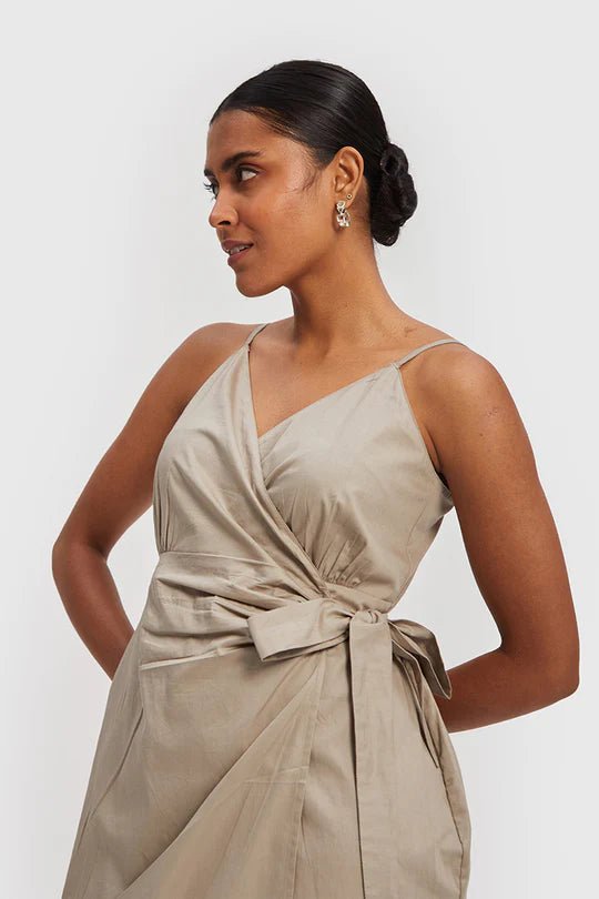 The Strappy Wrap Dress in Poplin Ecru - Veneka-Sustainable-Ethical-Dresses-Reistor Drop Ship