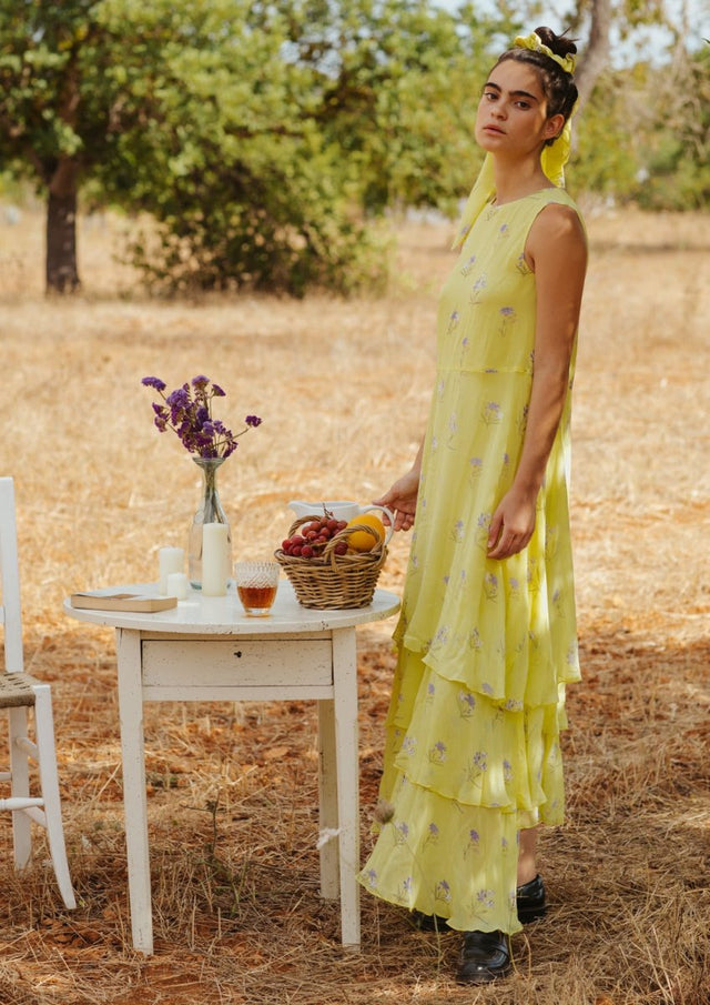 Tiered Dress in Lemon Lavender - Veneka-Sustainable-Ethical-Dresses-Em & Shi Drop Ship