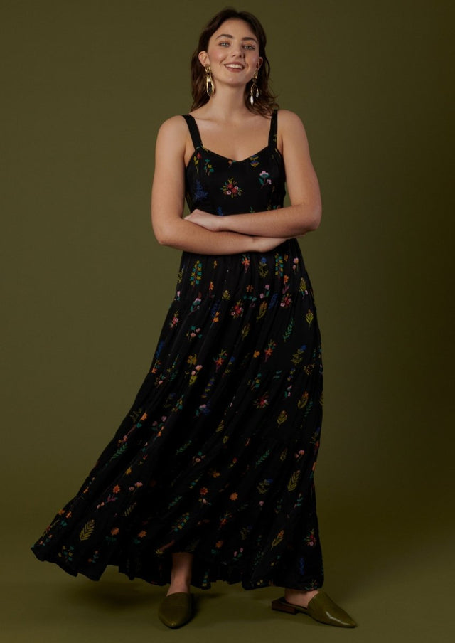 Tiered Dress in Midnight Botanica - Veneka-Sustainable-Ethical-Dresses-Em & Shi Drop Ship