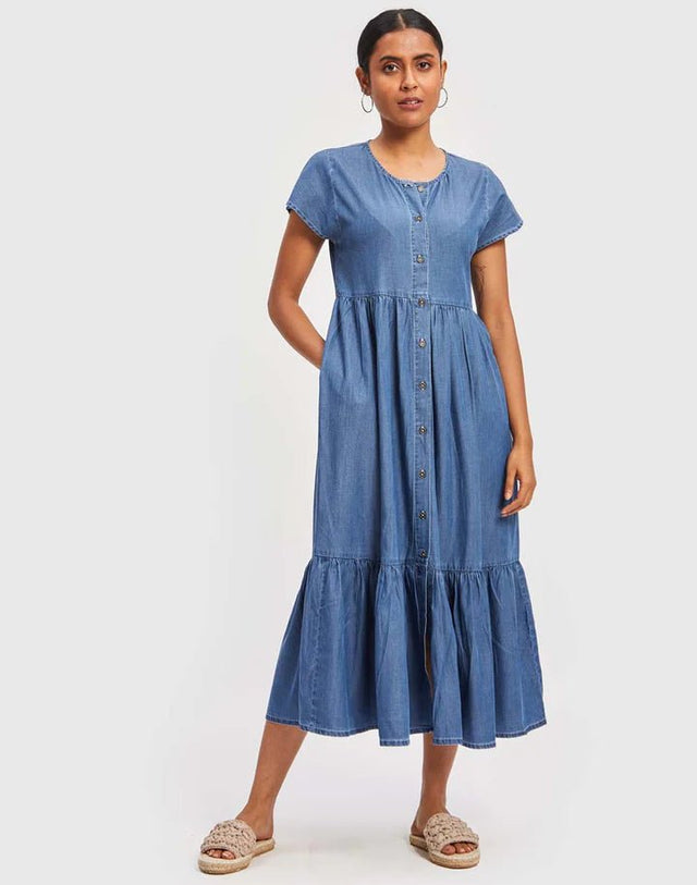 Tiered Shirt Dress in Ultramarine Blue - Veneka-Sustainable-Ethical-Dresses-Reistor Drop Ship