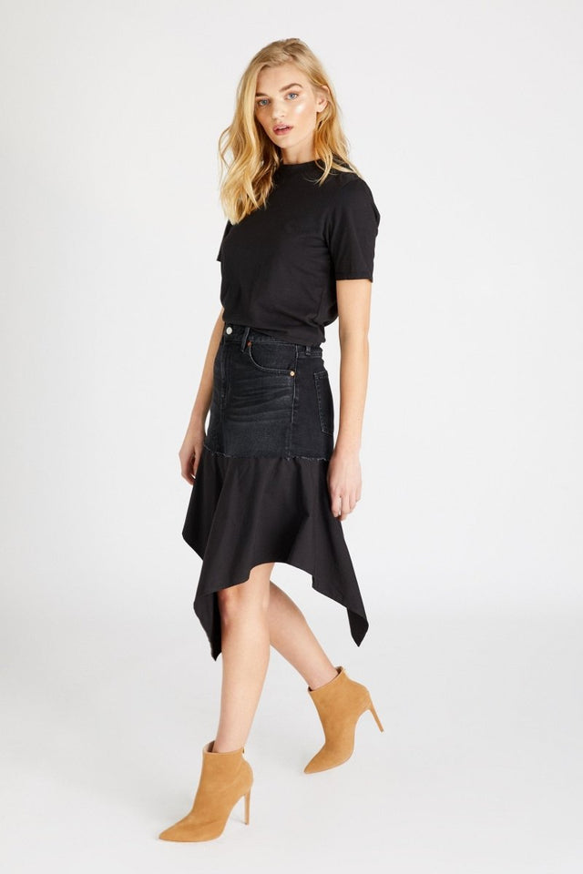 Upcycled Asymmetric Skirt in Dragonfly - Veneka-Sustainable-Ethical-Bottoms-Etica Denim Drop Ship