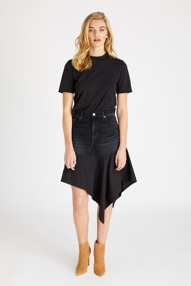Upcycled Asymmetric Skirt in Dragonfly - Veneka-Sustainable-Ethical-Bottoms-Etica Denim Drop Ship