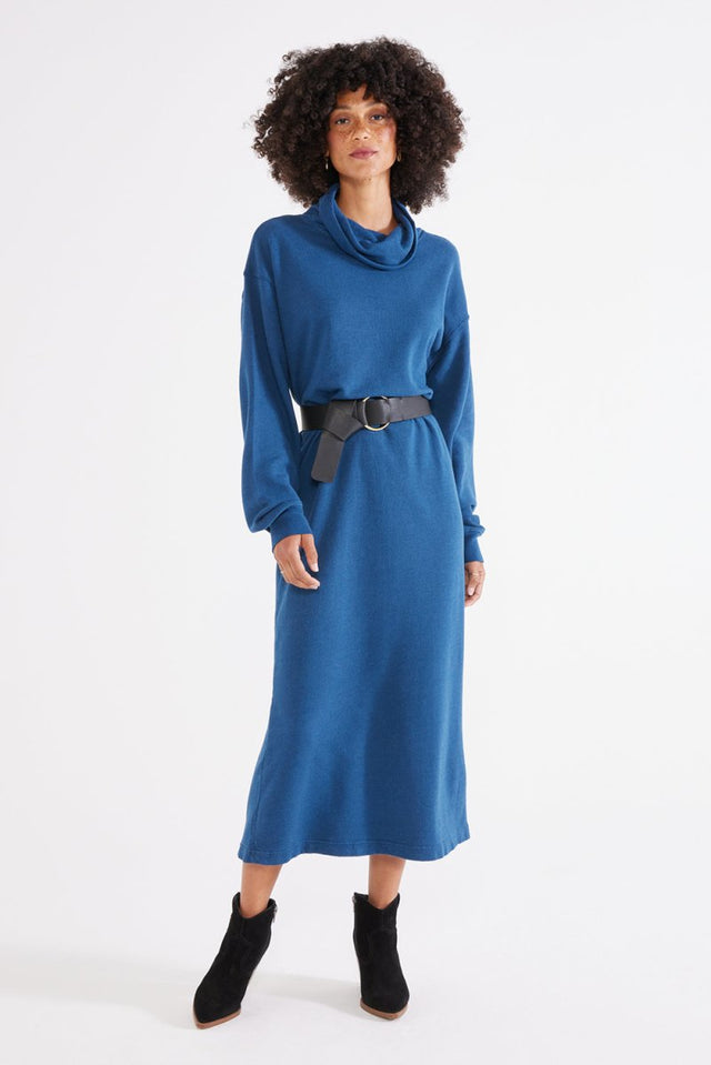 Yana Cowl Neck Knit Dress in Reflecting Pond - Veneka-Sustainable-Ethical-dress-Etica Denim Drop Ship
