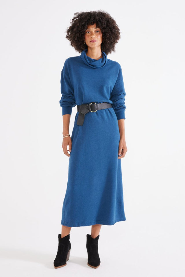 Yana Cowl Neck Knit Dress in Reflecting Pond - Veneka-Sustainable-Ethical-dress-Etica Denim Drop Ship